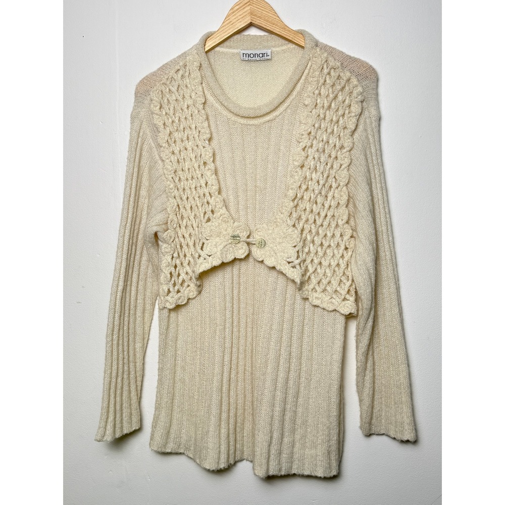 Coquette Floral Aplique Knit Sweater with Crocheted Overlay Cardigan Style‎